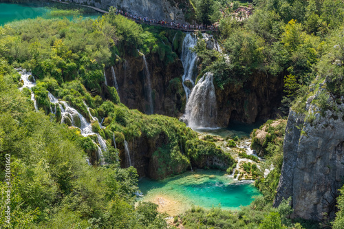 Little colorful lake and beautiful waterfalls in Plitvice Lakes National Park  Croatia