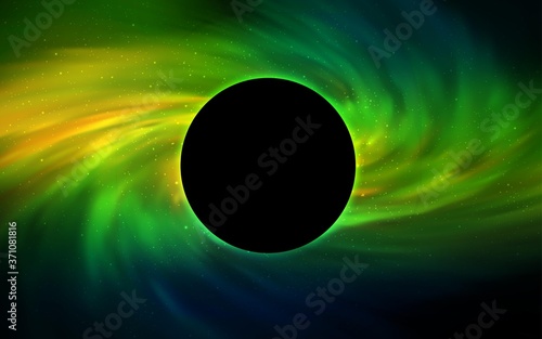 Dark Green, Yellow vector cover with a black hole, nebula. Colorful black hole with shining night sky stars. Backdrop for Black Friday promotions.