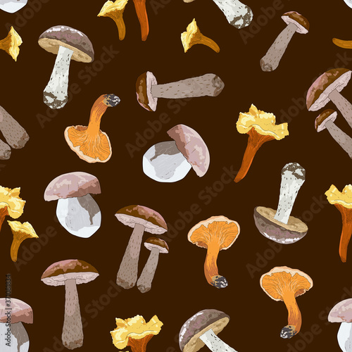 Fall seamless vector pattern art edible mushrooms
