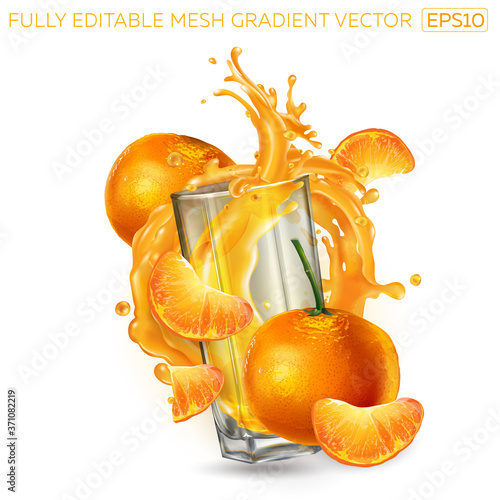 Splash of fruit juice in a glass among mandarins.