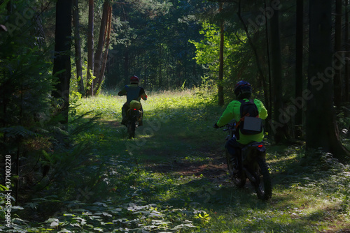 Sportsmen on motorcycles on a forest track, rear view.
