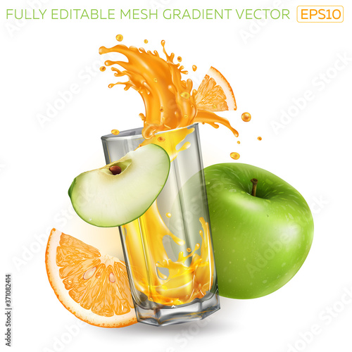 Splash of fruit juice in a glass, green apple and orange.