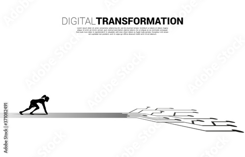 Silhouette of businesswoman ready to run on road with dot connect line circuit. concept of digital transformation of business.