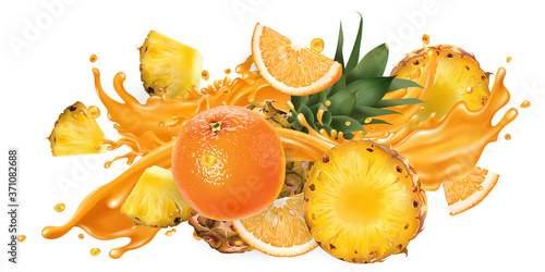 Splash of fruit juice and fresh pineapple and orange.