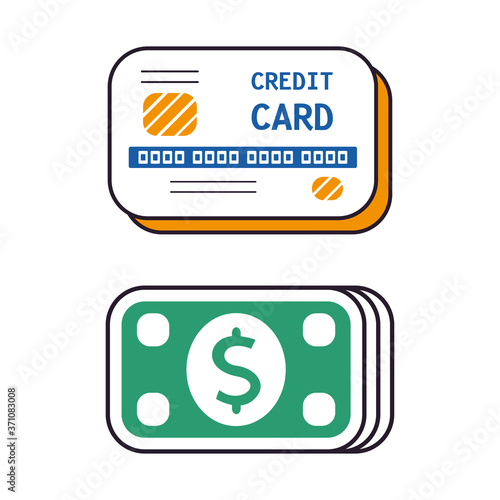 Credit cards and cash banknotes isolated. Money payment, transfer, withdrawal.