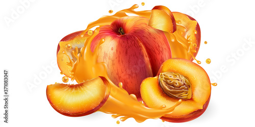 Whole and sliced peaches in a juice splash.