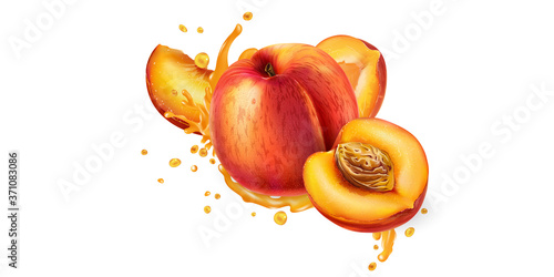 Whole and sliced peaches in fruit juice splashes.