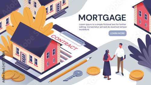 Mortgage application for a new property web page template showing an agents and buyer shaking hands alongside an urban house with contract, colored vector illustration
