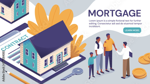 Web page template for a mortgage contract or application with a young family buying a house from an agent and copyspace for text, colored vector illustration