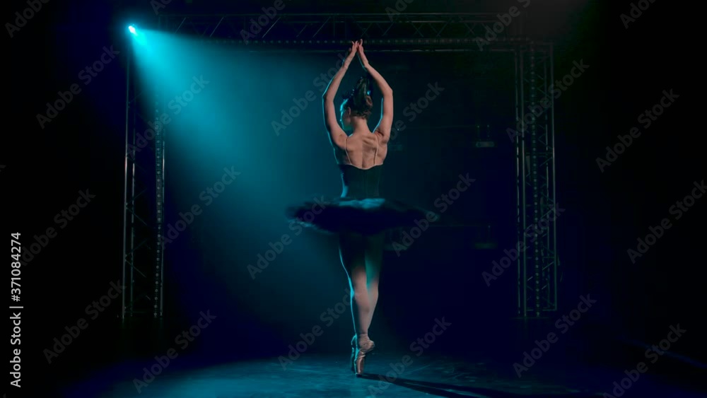 Graceful ballerina in a chic image of a black swan. Classical ballet choreography. Shot in a dark studio with smoke and neon lighting. Slow motion. Graceful ballerina in a chic image of a black swan. Classical ballet choreography. Shot in a dark studio with smoke and neon lighting. Slow motion.