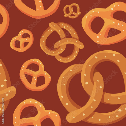 Bavarian pretzels on brown backdrop. Traditional bakery seamless pattern for wallpaper, wrap paper, sleeper, bath tile, apparel or bed linen. Bag or hoody print. Flat style stock vector illustration