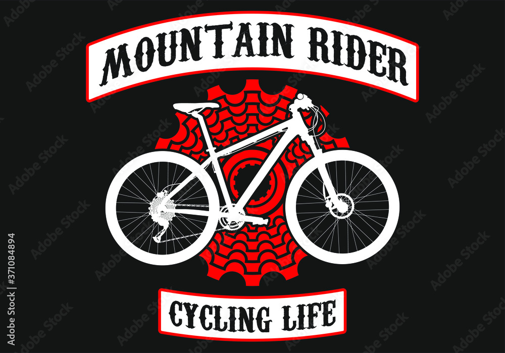 Fototapeta premium Mountain rider, cycling life art with red back cassette or back pinion and white mountan bycicle. Vintage bike design ideal for stamps