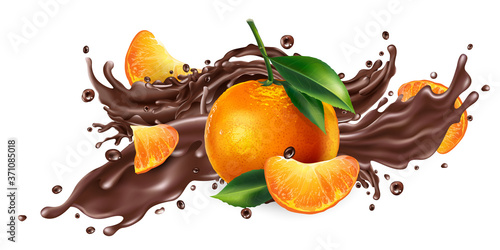 Fototapeta Naklejka Na Ścianę i Meble -  Splash of liquid chocolate and fresh mandarins.