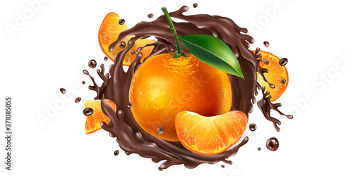 Whole and sliced mandarins in a chocolate splash.