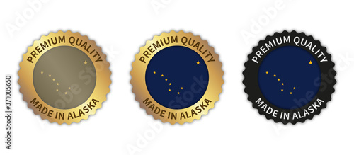 Set of 3 "Made in Alaska" vector icons. Illustration with transparent background. State flag encircled with gold/black stamp. Sticker/logo for product/website.