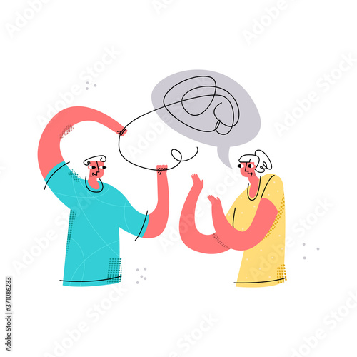 Vector talking couple. Man can t understand what his girlfriend is talking about. It parses her speech metaphorically as unraveling of tangle. Concept communication, friendship, understanding.