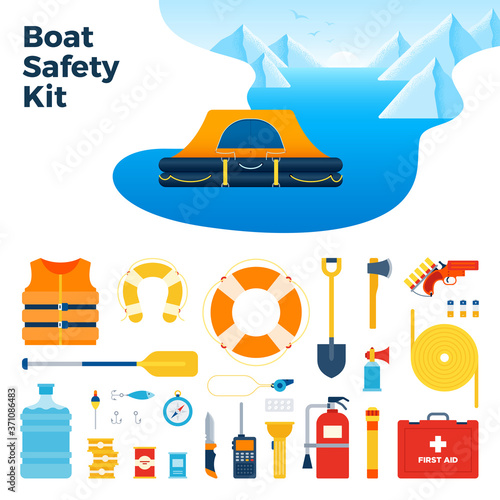 Image from inflatable floating tent and boat safety kit vector illustration in a flat design.