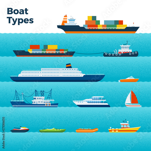 Set of different types of boats on blue waves vector illustration in a flat design.