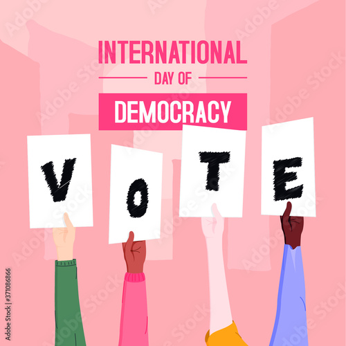 Democracy day vector, hands holding signs, celebration of democracy