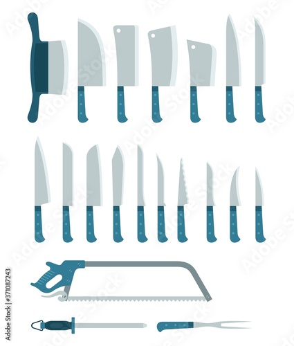 Collection of different knives, saws, hatchets for chopping food llustration in a flat design.