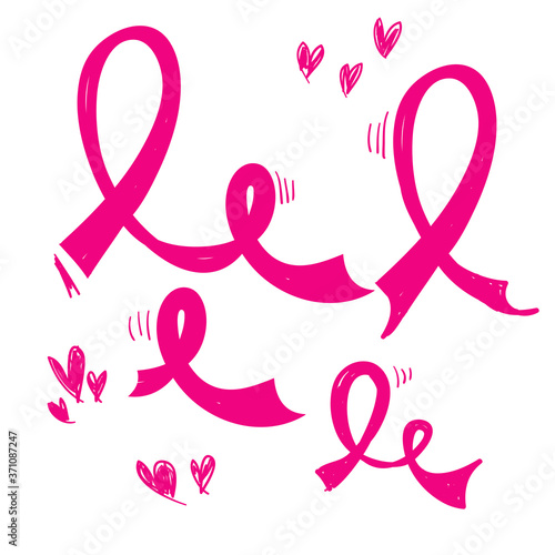 hand drawn pink ribbon symbol for breast awareness cancer vector icon doodle