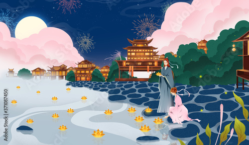 Couples in ancient costumes are setting the river lantern. Creative Chinese style illustration.Mid-autumn festival illustration