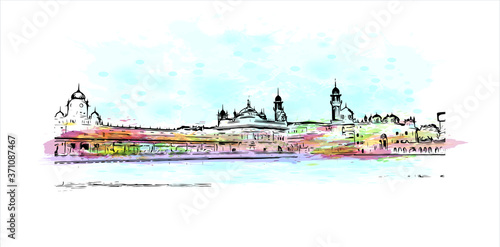 Building view with landmark of Amritsar is a city in the northwestern Indian state of Punjab. Watercolor splash with hand drawn sketch illustration in vector.