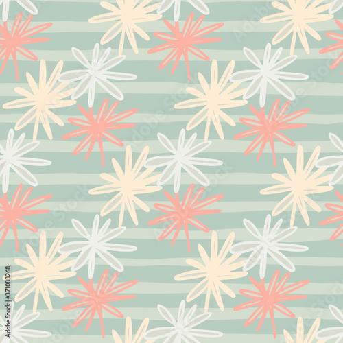 Tender seamless pattern with chamomile abstract silhouettes. Stripped background. Light pink and blue flower elements.