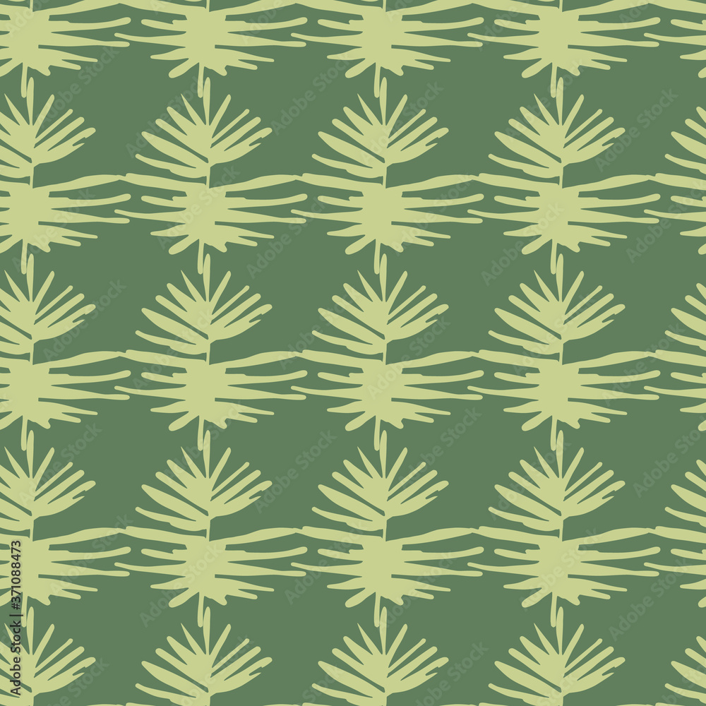 Tropical leaves exotic seamless pattern. Light yellow foliage silhouettes on green background. Hand drawn floral print.