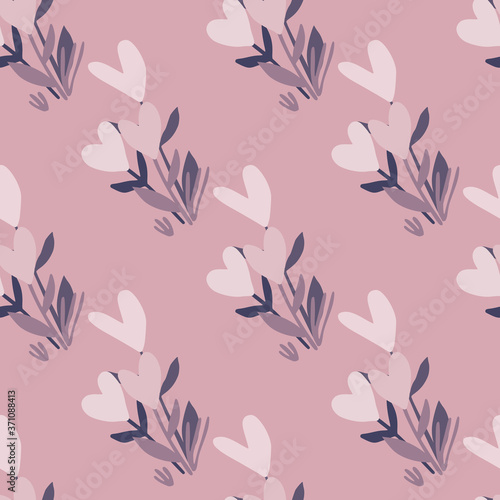 Seamless summer pattern with floristic heart silhouettes. Light purple and violet tones botanic print. Stylized design.