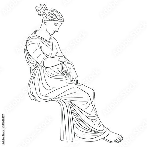 Seated ancient Greek woman. Antique sculpture. Black and white linear silhouette.