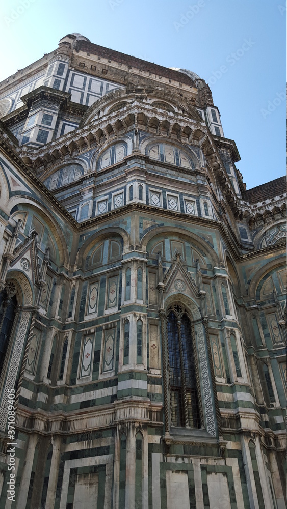 Up close view of the architecture of the basilica in Florence Italy
