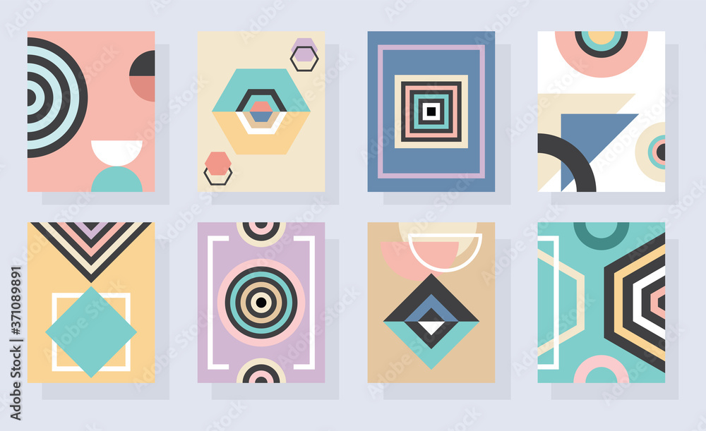 Modern abstract and geometrical colorful vertical rectangle frames and backgrounds set on blue