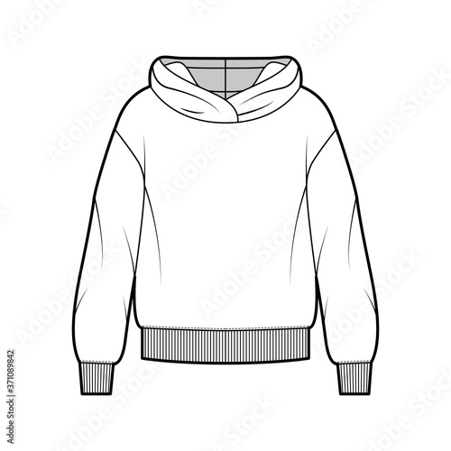 Oversized cotton-fleece hoodie technical fashion illustration with relaxed fit, long sleeves. Flat outwear jumper apparel template front, white color. Women, men, unisex sweatshirt top CAD mockup