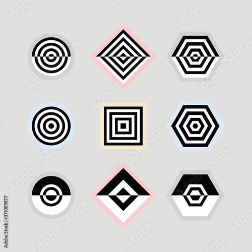 Black and white abstract parallel inner lines shapes emblems and icons set on gray background
