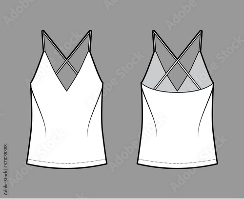 Camisole technical fashion illustration with flattering V-neck, straps, relaxed fit, tunic length. Flat outwear tank apparel template front, back, white color. Women, men unisex shirt top CAD mockup