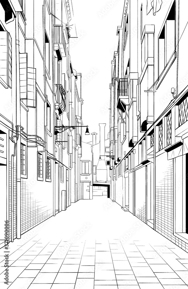 漫画風ペン画イラスト 海外_街並 漫画風ペン画イラスト 海外_街並