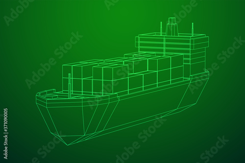 Heavy dry cargo ship of bulk carrier with freight containers. Wireframe low poly mesh vector illustration.
