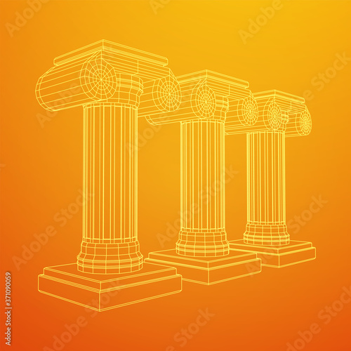 Greek ionic column. Ancient pillars roman antique architecture construction decoration. Wireframe low poly mesh vector illustration.