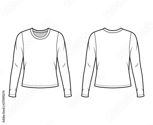 Crew neck jersey sweater technical fashion illustration with long sleeves, oversized body. Flat outwear apparel template front back white color. Women men unisex shirt top CAD mockup