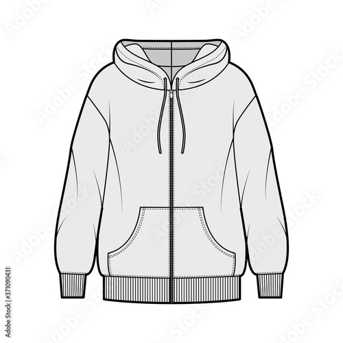 Zip-up oversized cotton-fleece hoodie technical fashion illustration with pocket, relaxed fit, long sleeves. Flat jumper apparel template front, grey color. Women, men, unisex sweatshirt top CAD