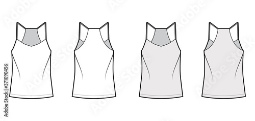 Racer-back camisole technical fashion illustration with V-neck, straps, relaxed fit, tunic length. Flat outwear tank apparel template front, back, white grey color. Women, men unisex shirt top mockup