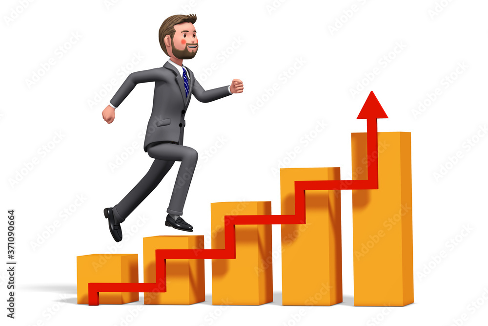 Illustration of a businessman running up a bar chart, created in 3d rendering Illustration of a businessman running up a bar chart, created in 3d rendering