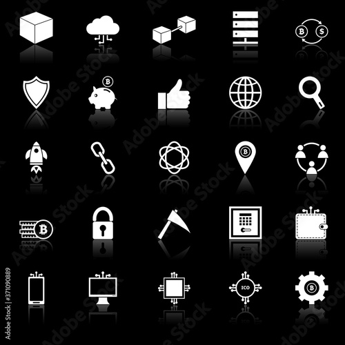 Blockchain icons with reflect on black background