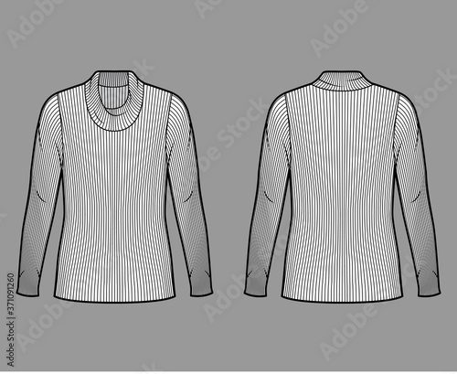 Ribbed cowl turtleneck knit sweater technical fashion illustration with long sleeves, oversized body, tunic length. Flat sweater apparel template front back white color. Women men unisex shirt top CAD