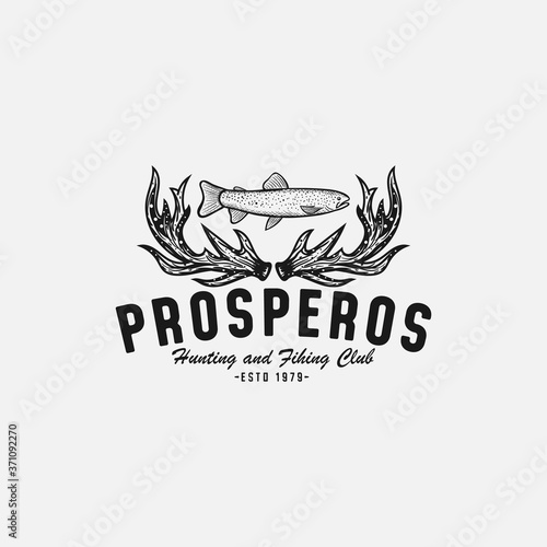 Deer Antlers and Fish Vintage Logo Design Inspiration For Hunting and Fishing Club