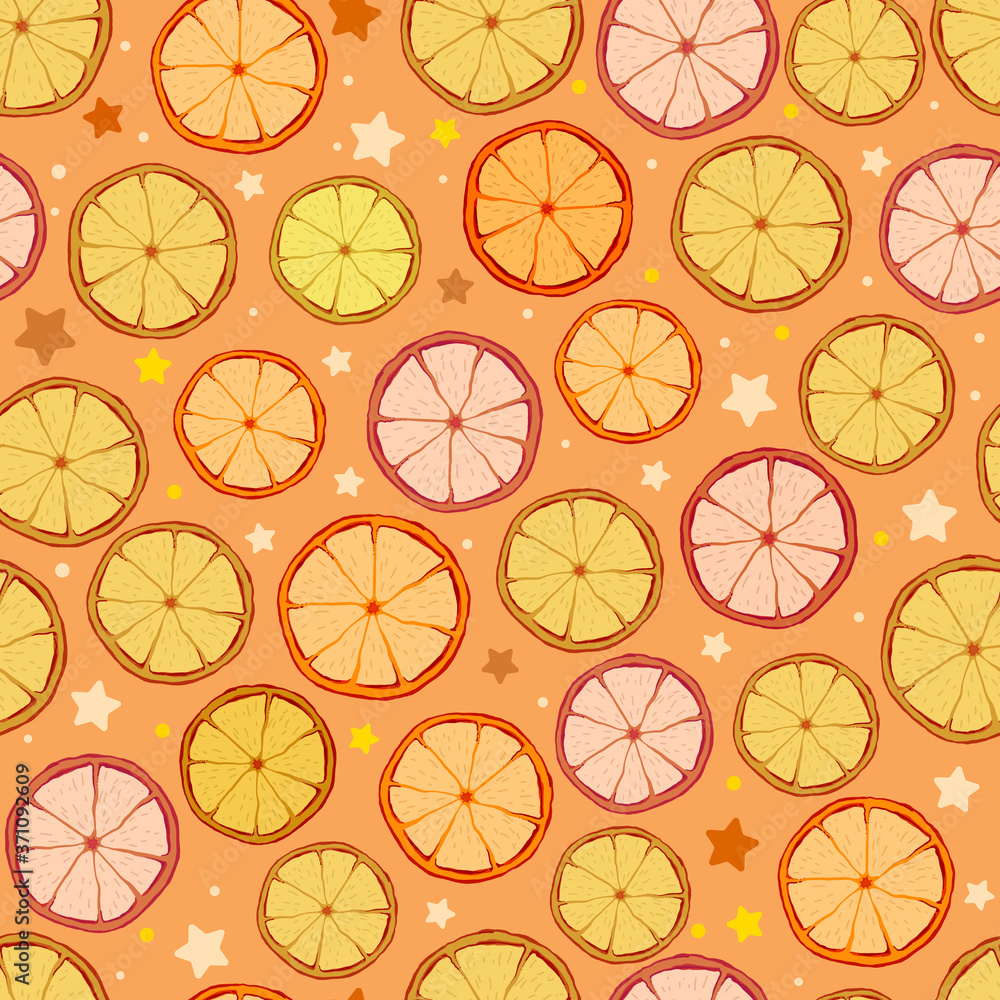 Seamless pattern with dried oranges, lemons and grapefruits on orange background. Can be used for wallpaper, pattern fills, textile, web page background, surface textures.