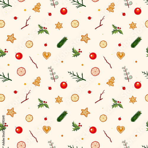 Seamless pattern with dried oranges, lemons and grapefruits on cream-colored background. Can be used for wallpaper, pattern fills, textile, web page background, surface textures.