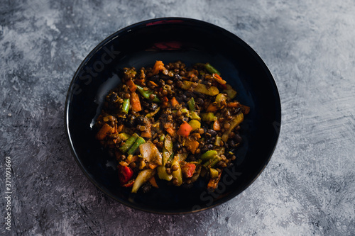 plant-based food, asian vegetables and lentils stir fry