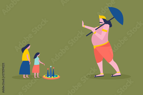 King Mahabali gives blessing to small kids, Concept for Onam festival of Kerala, India.